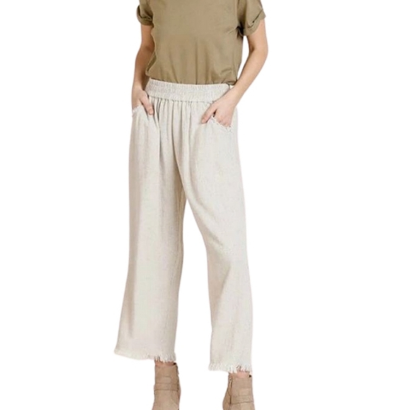 Umgee Pants - UMGEE Oatmeal Color Linen Cotton Blend Raw Frayed Hem Cropped Wide Leg Pants S